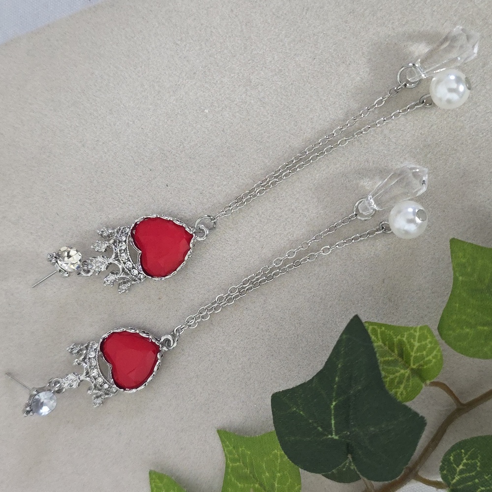 Statement Silver Red Heart Charm with Crown and Chain Danle Earrings